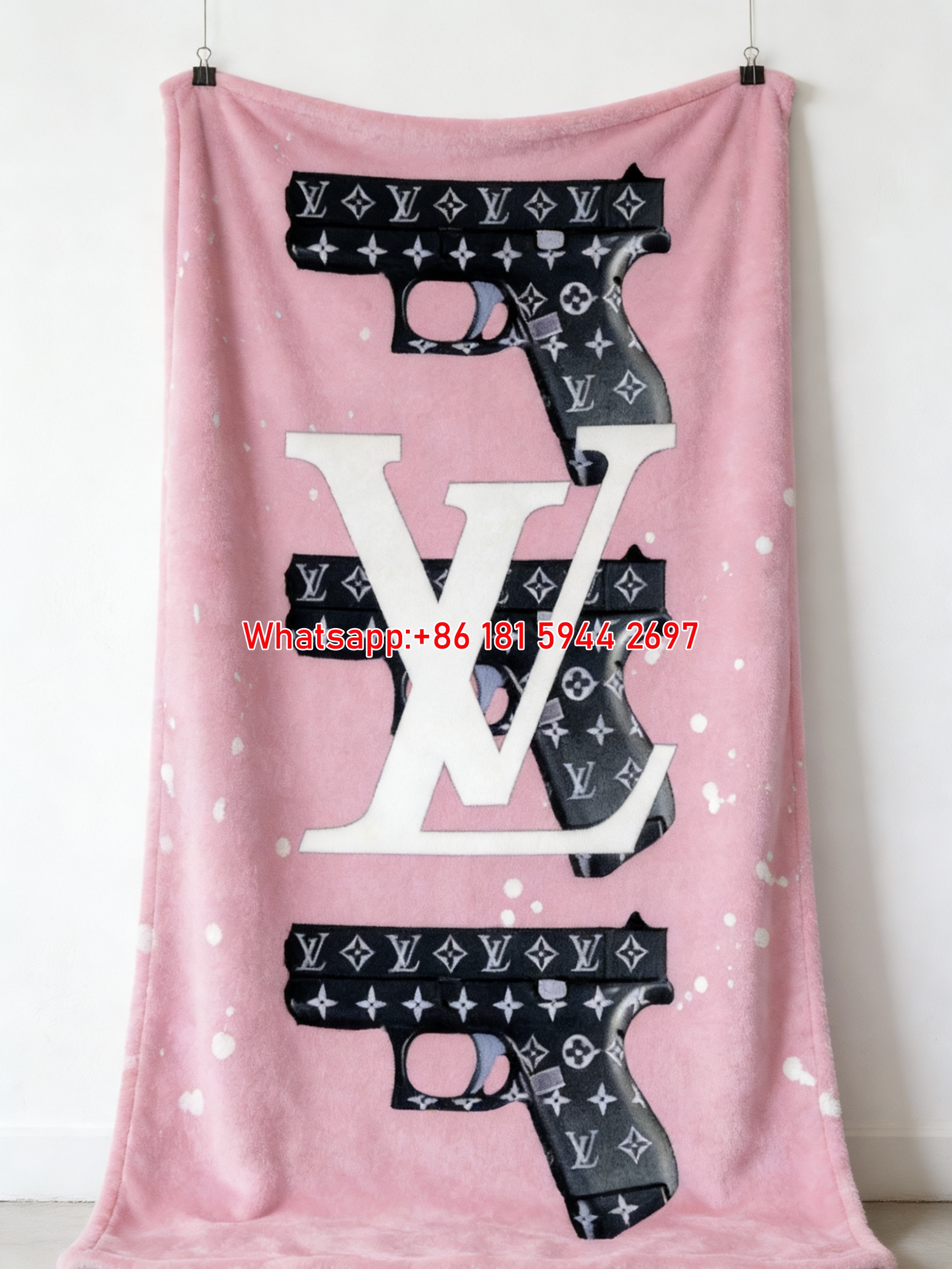 LV Pink Luxury Gun Print Blanket Monogram Gun Art Pink Throw 428